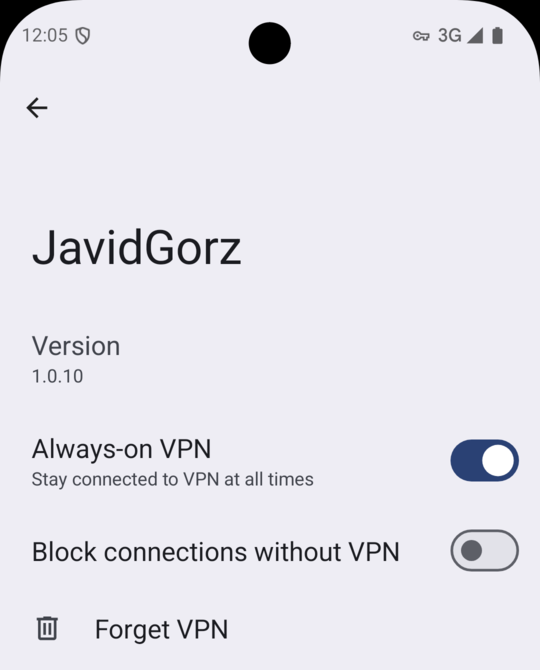 The JavidGorz VPN settings with Always-on VPN switched on but Block connections without VPN still off, which is not yet enough