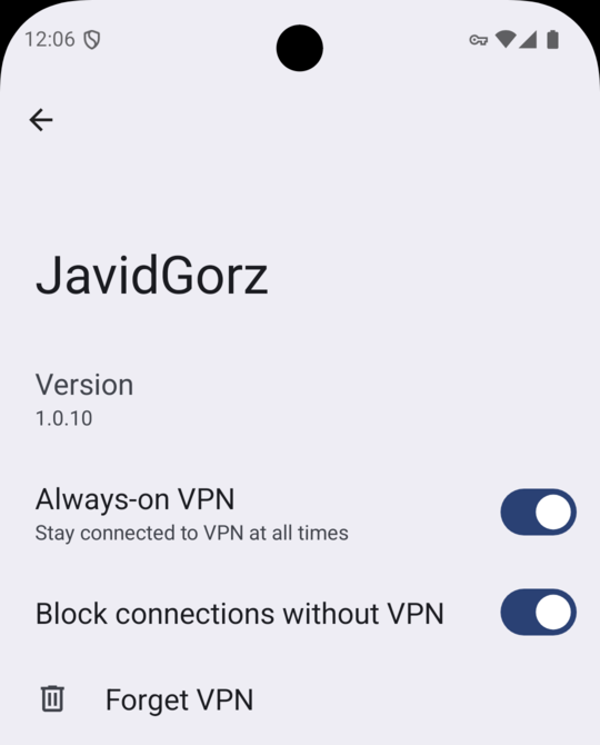 The JavidGorz VPN settings with both Always-on VPN and Block connections without VPN switched on, which is full protection