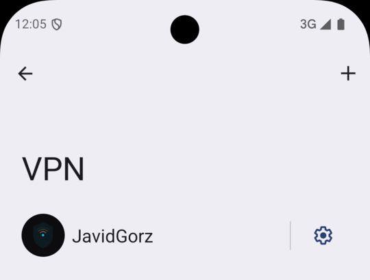 Android VPN settings showing JavidGorz in the list with a gear icon beside it