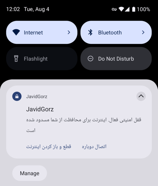 JavidGorz notification saying the kill switch is active and the internet is blocked, with Reconnect and Disconnect-and-unblock buttons